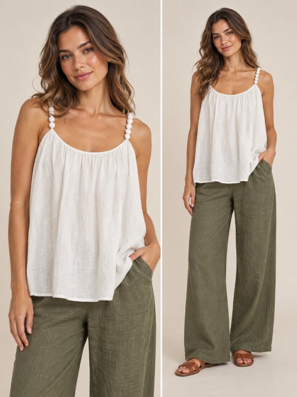 A New Day Beaded Strap Tank Top Off White Cream Cotton Cami Medium NWT